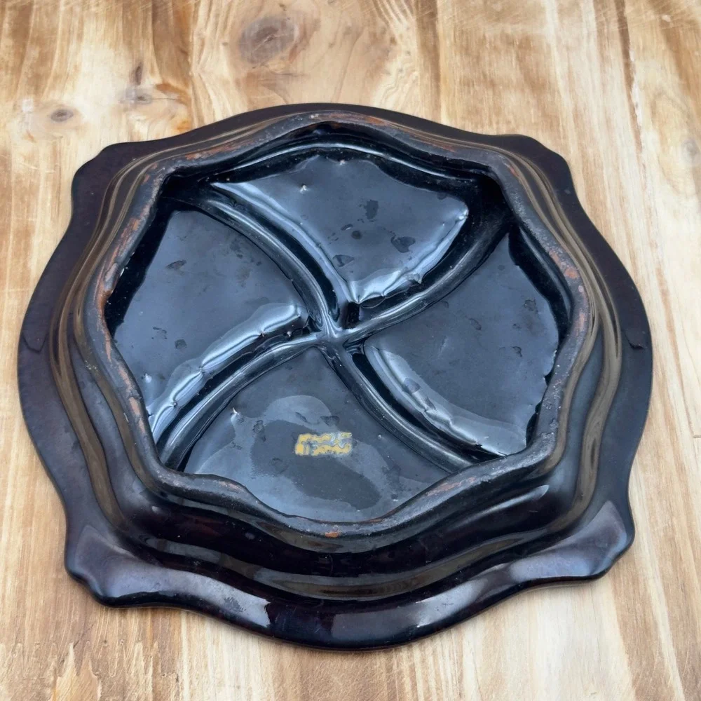 Vtg Japanese Pottery Black Floral Divided Serving Trinket Dish  Square Scalloped
